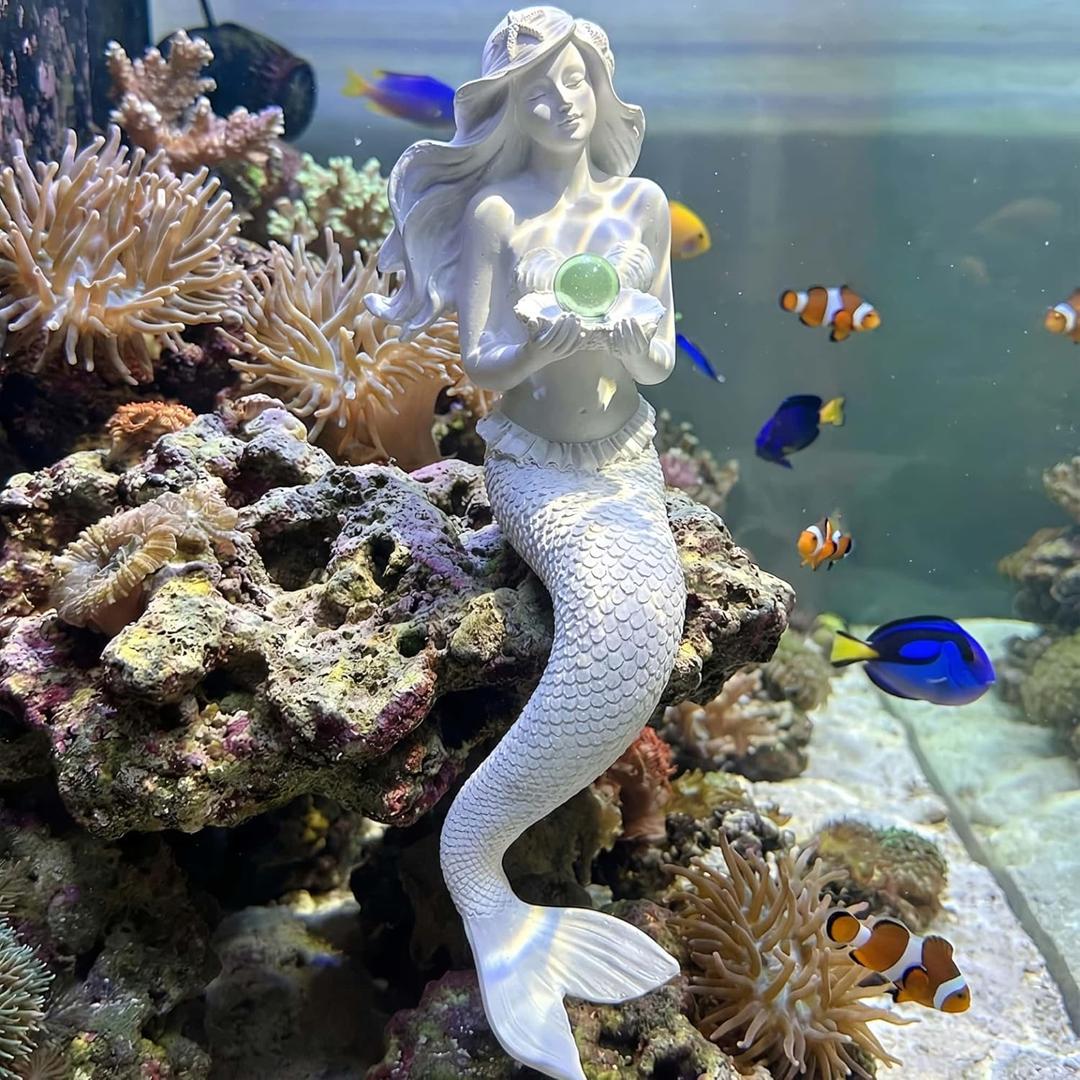 Unique Mermaid Aquarium Decorations - Resin Fish Tank Dcor Thematic Ornaments, Waterproof & Non-Toxic Mermaid Statue for Enchanting Aquarium Display, Item (White)