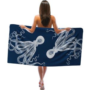Octopus Gifts Beach Towel, Navy Blue Octopus Sand Beach Towels Gifts for Women Men, Nautical Octopuses Quick Dry Bath Pool Towels for Bathroom Swimming Pool, Octopuses Bathroom Decor, 30x60 in
