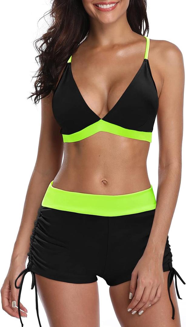 Women's Sporty Two Piece Swimsuits Halter Push Up Bathing Suits Athletic Swimwear for Women (10-12, 03 Black & Green)