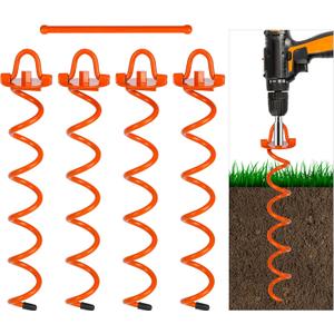 FEED GARDEN 16 Inch Spiral Ground Anchors Heavy Duty Screw in Spiral Stakes, 4 Pack Folding Ring Ground Stakes for Securing Dogs,Tents, Trampolines, Canopies, Swing Sets, Orange