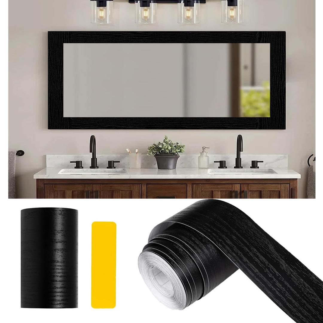 Alened 10M White Wood Grain Mirror Frame Border Peel and Stick Wallpaper, Removable PVC Waterproof Bathroom Mirror Tape Sticker Trim, Kitchen Wallpaper Self Adhesive Decor Sticker 3.93" x 393"