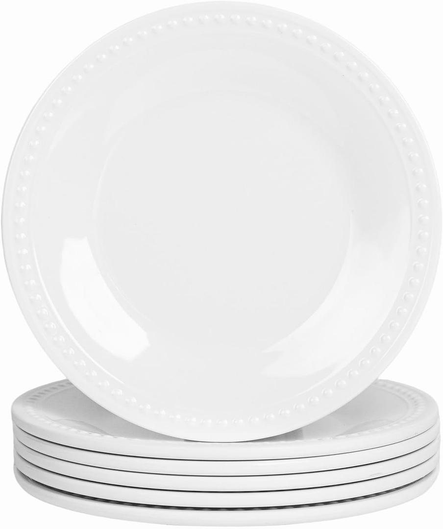 Melamine Beaded Dinner Plate Set of 6, 11inch, Basic White, BPA Free, Platter, Serving Dishes, Chip & Break Resistant, Lightweight, Melamine Dishes Set for Valentine's Day, Weddings & Everyday Meals