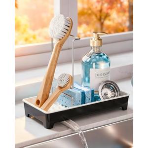 Caumic Minimalist Sink Caddy, Rustproof Sponge Holder for Kitchen Sink with 304 Stainless-Steel Brush Holder, Countertop Rack Organizer with Raised Ridges & Silicone Drain Tube (Black, Large)