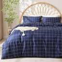 JELLYMONI 100% Natural Cotton 3pcs Plaid Duvet Cover Sets, Checkered Queen Comforter Cover, 1 Duvet Cover and 2 Pillow Shams with Zipper Closure & Corner Ties (Queen(90"90"), 0809)
