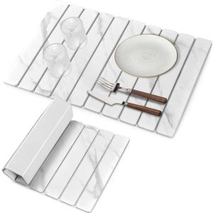 Large Stone Dish Drying Mats for Kitchen Counter, 24"×16" Marble-Pattern, Fast Drying Collapsible Dish Drying Mat, Eco-Friendly Absorbent Diatomaceous Earth Mats for Dishes Bottles, Match Countertop