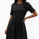 Ulovmi Women's Summer Casual Flowy A-Line Dresses Short Sleeve Ribbed Knit Swing Dress T-Shirt Sundress with Pockets (Black, L)