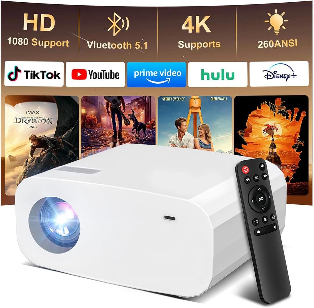 Projector, Mini Projector with WiFi and Bluetooth, Built-in Apps, Auto Focus & Keystone,Native 1080P Support, Portable Outdoor Smart Projector,White