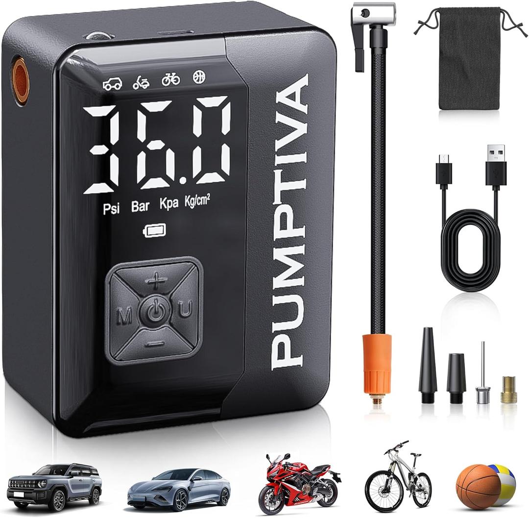 Pumptiva Tire Inflator Portable Air Compressor, 3X Faster Portable Tire Inflator for Car 150PSI Air Pump for Car Tires with LED Light, Auto Shut-Off for Motorcycle, Bicycle, Bike, Ball (Black)