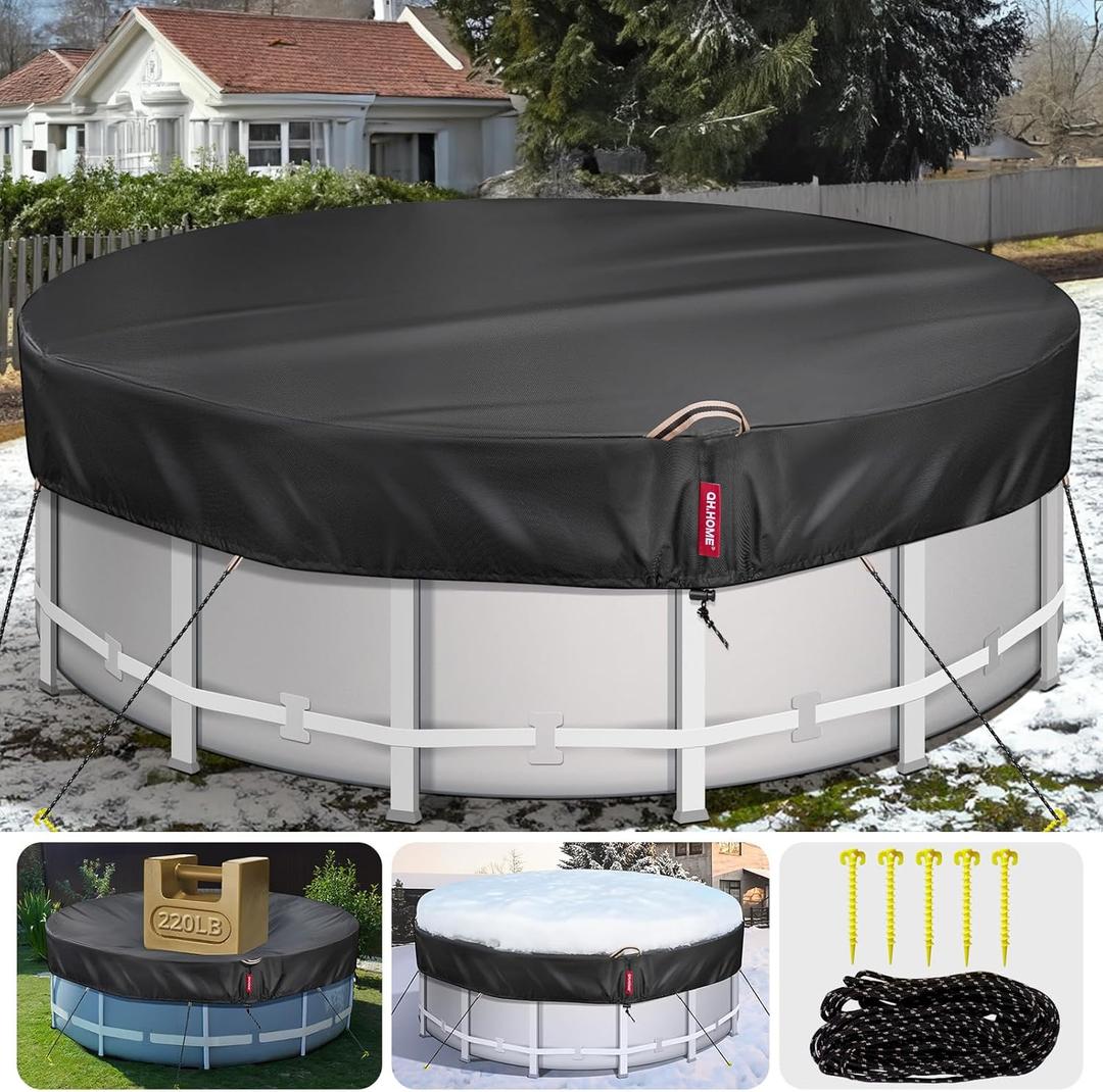 QH.HOME 18 Ft Round Winter Pool Covers for Above Ground Pools - [634N Strong Tear Resistant & 500D Upgrade Extra Dense Fabric] Solar Swimming Pool Cover with Fade Resistant, Windproof - Black