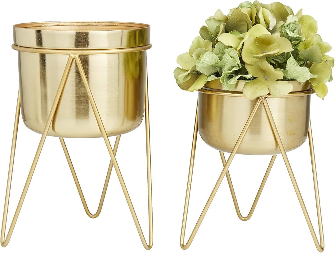 CosmoLiving by Cosmopolitan Metal Indoor Outdoor Planter Small Planter Pot with Removable Stand, Set of 2 Planters 7", 7"W, Gold