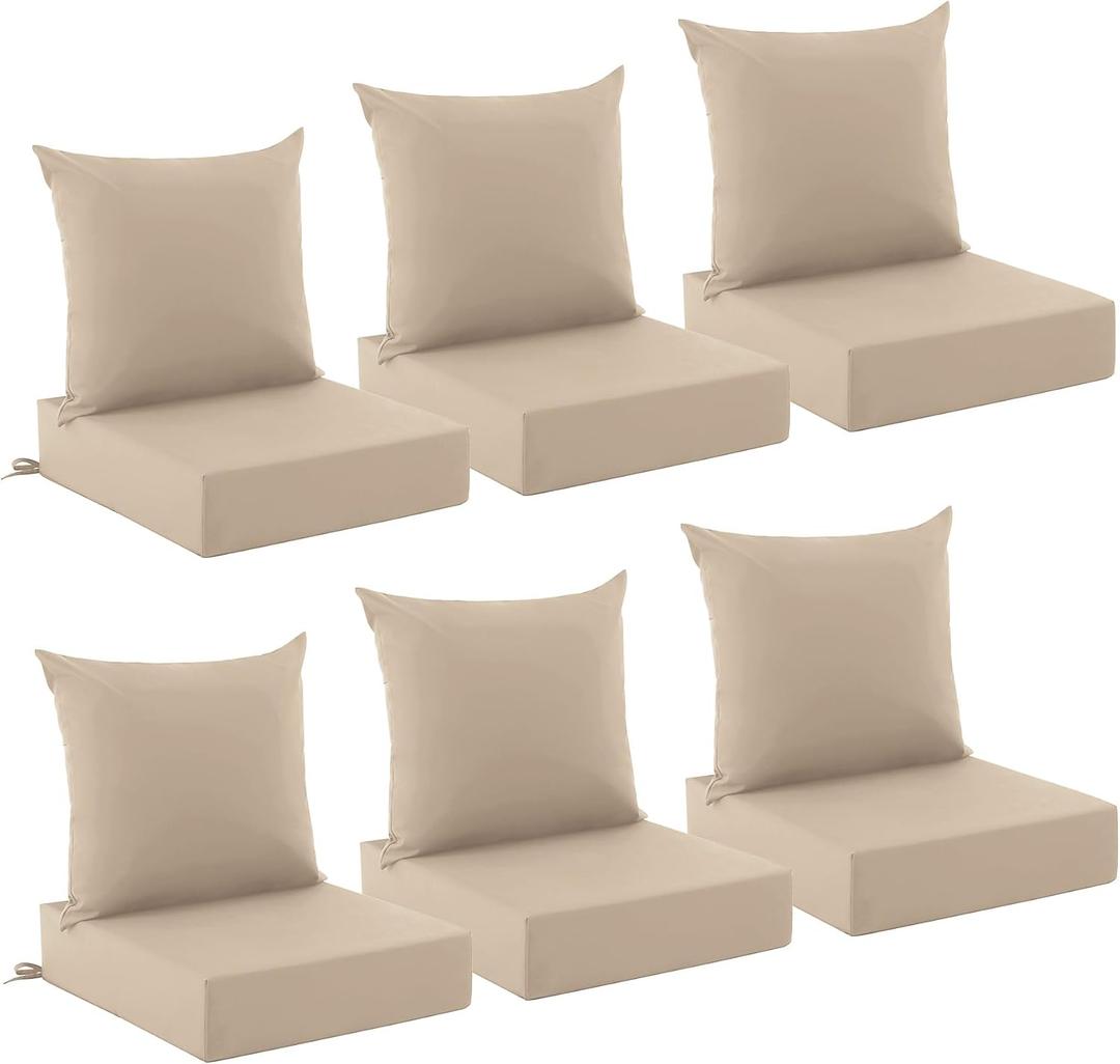 Outdoor Chair Cushions, Waterproof & Fade Resistant Patio Cushions | 24 x 24 x 5.75 In, Set of 6, Beige, Removable Cover, For Patio Furniture, Lawn, Garden, Deck, Yard, Stay in Place, 24*24+5.75/25*22.5"