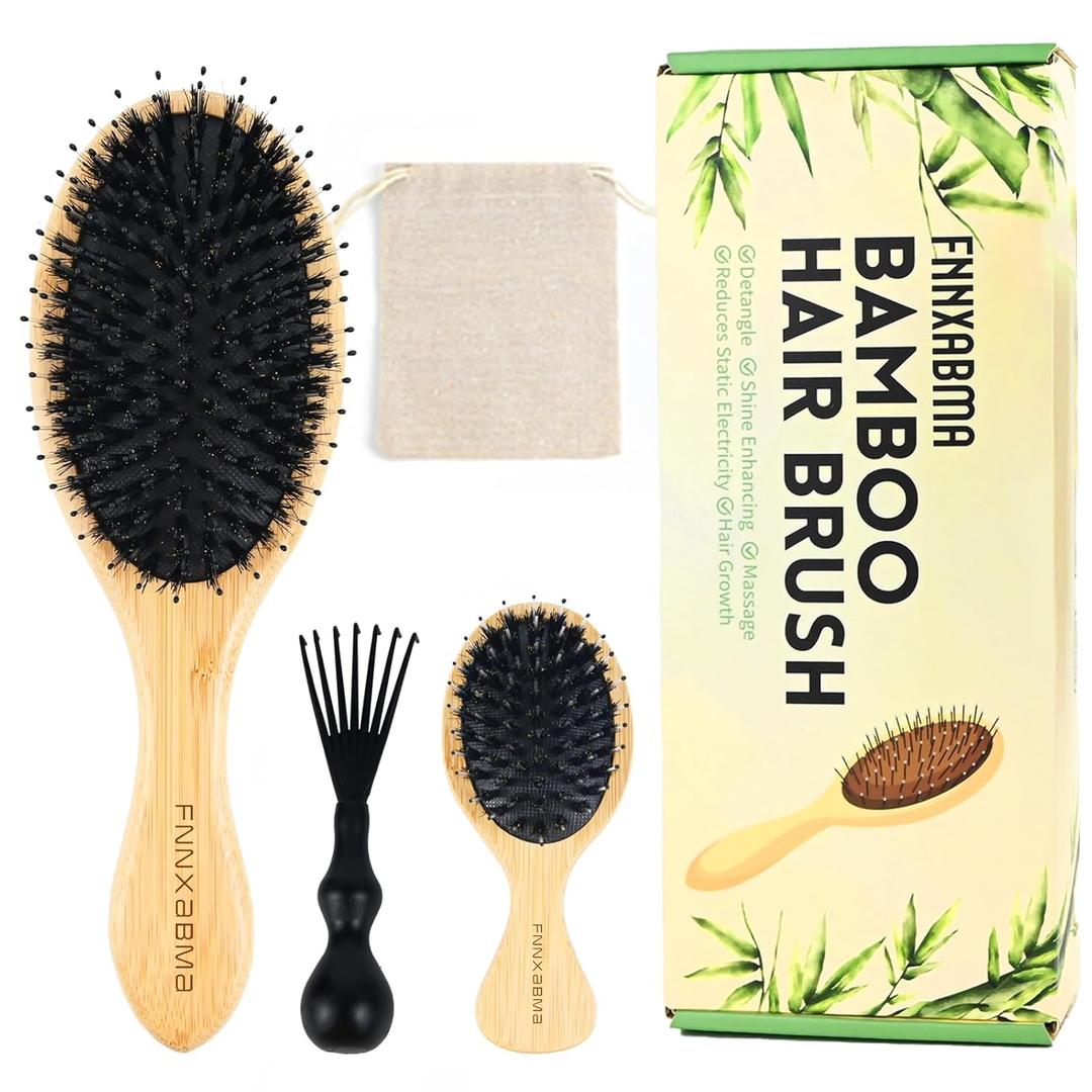 Boar Bristle Hair Brush 2PCS - Smoothes & Detangles All Hair Types, Boar & Nylon BristleSmooths Frizz and Prevents Breakage in Fine and Straight, for Women Men and Kids