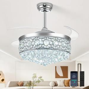 42" Fandelier Ceiling Fan with Light, Chandelier Ceiling Fans with Lights,Retractable Crystal Ceiling Fan for Bedroom Living Room,6 Wind Speed,3 Color Tempeature-Chrome