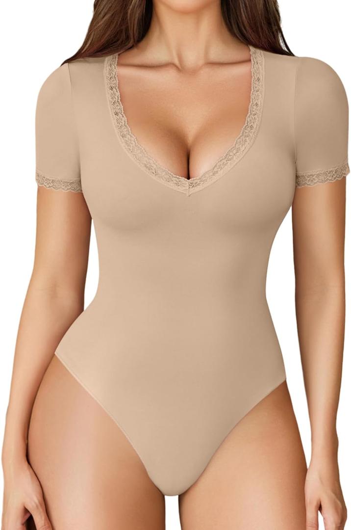 Avidlove Short Sleeve Bodysuit for Women Lace V Neck Body Suits Double Lined Bodysuits Sexy Going Out Top (Khaki, X)