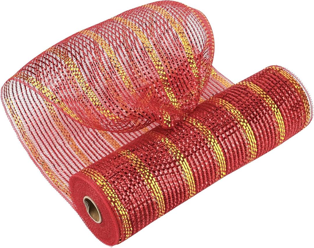 MEEDEE 10 Inch Mesh Ribbon - Red & Gold Metallic Striped Christmas Deco Mesh - 10 Yards for Wreaths & Trees