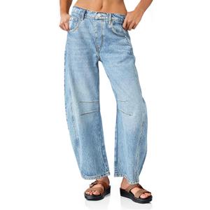 PLNOTME Women's Baggy Boyfriend Jeans Vintage Wide Leg Mid Rise Barrel Denim Ankle Pants (6, Light Blue)