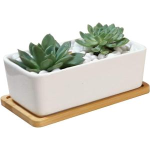 LANKER 6.5 Inch Rectangle White Ceramic Succulent Planter Pot Decorative Cactus Plant Pot Flower Container with Bamboo Tray (Rectangle 6.5 Inch)