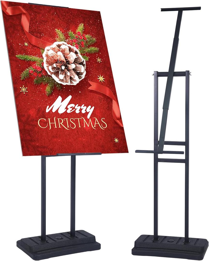 Upgraded Angled & 360° Swivel Poster Stand, Water-Fillable Weighted Base, Heavy Duty Adjustable Height Floor Sign Holder for Foam Board, Outdoor, Wedding, Business Display (Single-Sided, Black)
