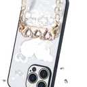 Compatible with iPhone 14 Pro Bling Case with Pearl Crossbody Chain Glitter Love Heart Diamond Rhinestones Floral for Girly Women Soft TPU Bumper Full Camera Lens Protector Cover, White