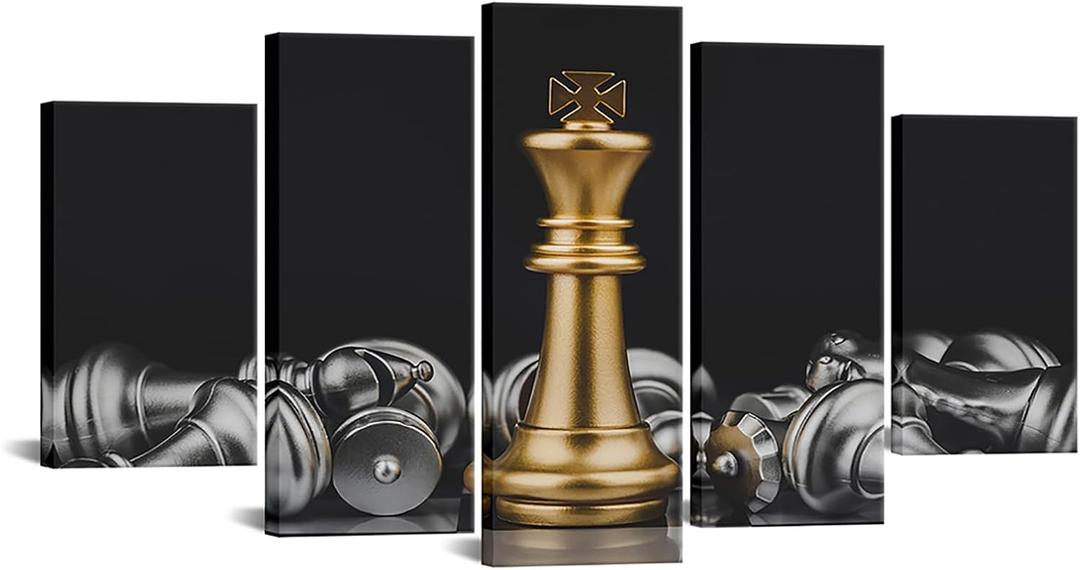 VANSEEING 5 Panel Chess Canvas Wall Art Prints King and Knight Game Picture Painting Black and Gold Artwork for Home Office Decoration Ready to Hang, 12x20inchx2pcs+12x28inchx2pcs+12x32inchx1pc