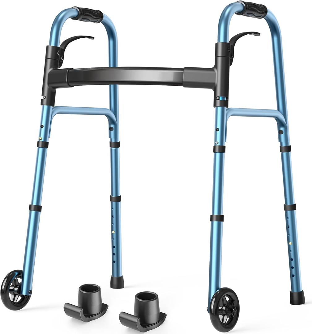 Walkers for Seniors, Folding Walker with Wheels and 2 Skis, Lightweight Rolling Walker Supports Up to 350 Pounds, Adjustable Height, Adult Compact Standard Walkers with Aluminum Frame, Blue