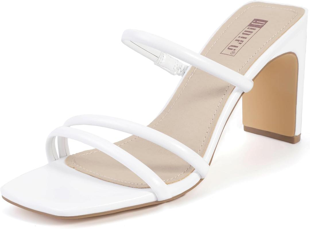IDIFU IN3 High Heels Strappy Chunky Block Heels Square Toe Three Strap Slip On Heels Comfortable Slides Heeled Sandals Sexy Wedding Party Dress Shoes Open Toe Mules for Women 
(White Pu, 5)