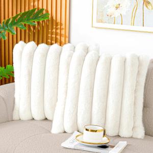 Touchat Pack of 2 Faux Fur Pillow Covers, 18x18 Inch Decorative Throw Pillow Covers with Hidden Zipper, Ultra Soft Couch Cushion Pillows Covers for Sofa/Bedroom Wide Stripe, White (Bubble Cream)