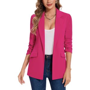 MINTLIMIT Blazer for Women Open Front 3/4 Ruched Sleeve Suit Jacket Notched Collar Casual Work Office Blazers with Pockets (Large, Hot Pink)