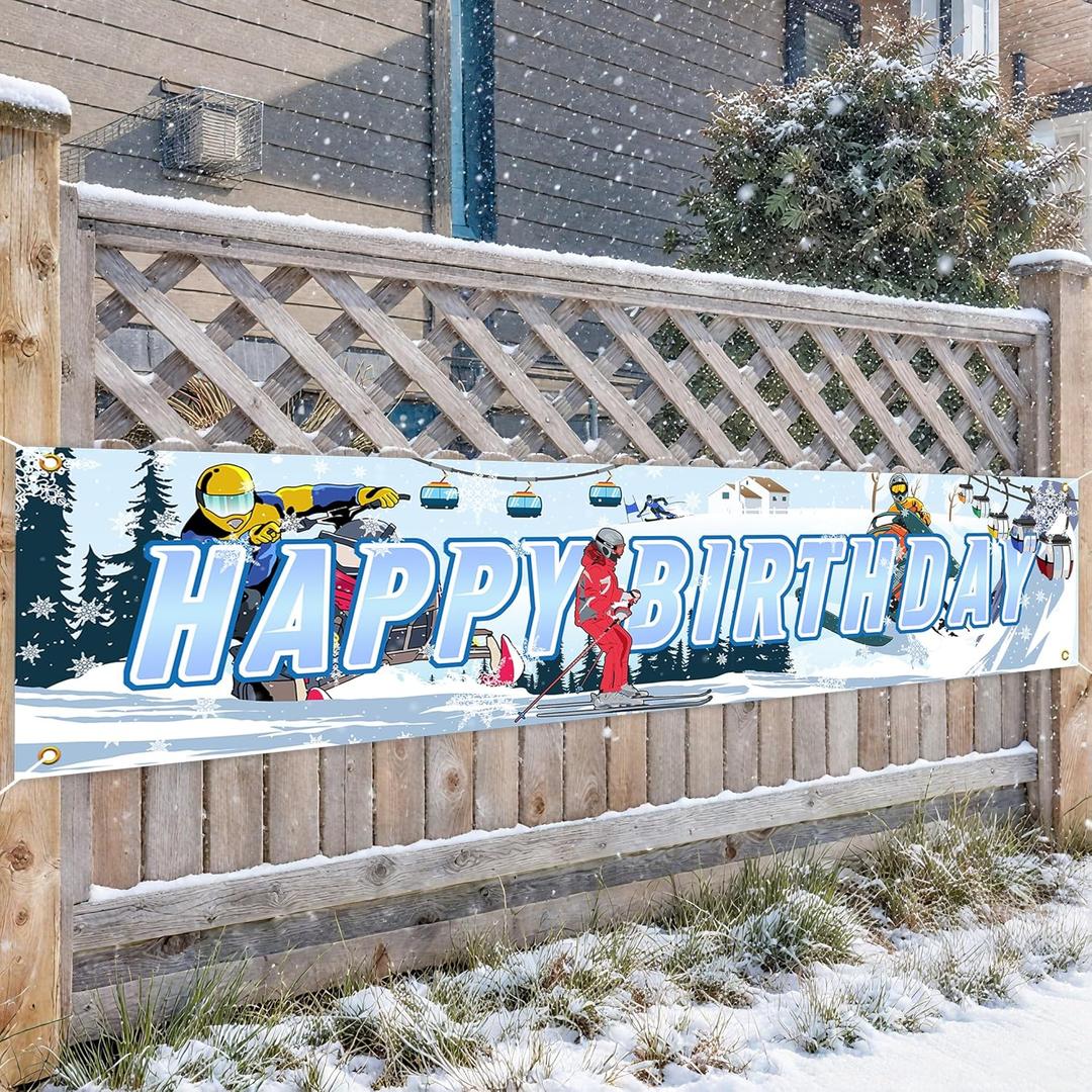 Skiing Happy Birthday Banner Skiing Party Yard Sign Decorations Skiing Yard Banner for Winter Sports Themed Birthday Party Supplies Snow Skier Themed Party Backdrop Photo Booth