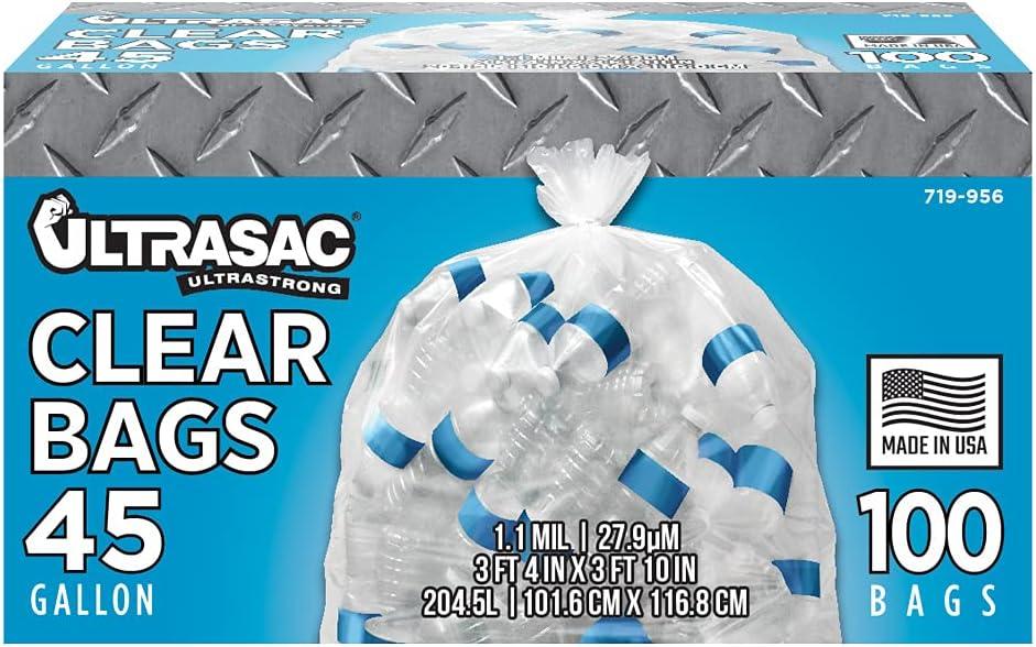 Ultrasac - Recycling Bag, 45 Gallon, 1.1 Mil, 40"x46", Clear, 100 Count w/Ties