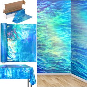 1 Roll 100ft x 54 Inch Iridescent Under The Sea Tablecloth Ocean Wave Tablecloth Plastic Disposable Iridescent Table Covers Backdrop for Ocean Under The Sea Mermaid Pool Beach Party Decorations