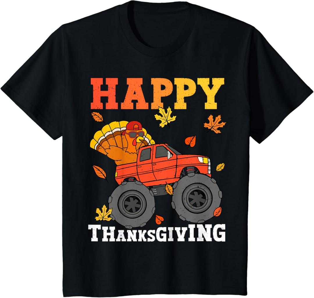 Kids Monster Truck Turkey Happy Thanksgiving Kids Toddler Boys T-Shirt, 2T