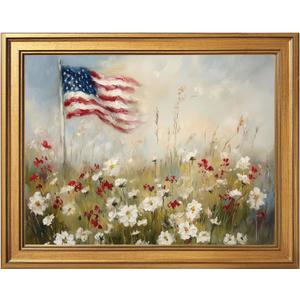 Framed Patriotic Flower American Flag Wall Art Canvas Print Vintage Floral Landscape Painting 4th of July Americana Decor USA Independence Day Artwork Picture for Living Room Office 12x16inch Gold
