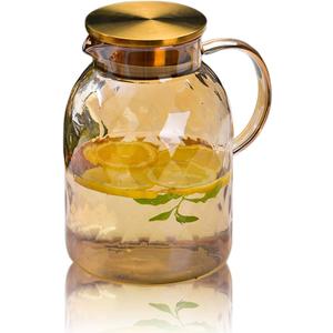 64 oz Amber Glass Pitcher with Lid and Spout Borosilicate Water Pitcher Bedside Water Carafe Vintage Glass Jug for Juice Coffee Iced Tea Hot Cold Beverage Lemonade Fridge 1.8L