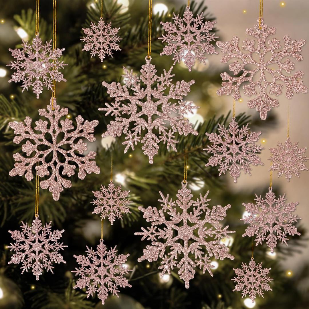 42pcs Rose Gold Snowflake Ornaments - Christmas Tree Decorations, Hanging Snowflake Decorations, Plastic Glitter Snow Flakes for Christmas, Winter, Party