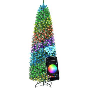 HOLLO STAR 6 ft Prelit Christmas Tree with 247 LED Lights, App Control, Artificial Pencil Christmas Tree with Multi-Color RGBW Lights, 715 Branch Tips, Skinny Xmas Tree, Metal Base, for Home, Party