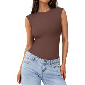 PINKMSTYLE Womens Crew Neck Sleeveless Bodysuit Double Lined Stretchy Fitted Basic Thong Body suit Tank Tops (Small, Coffee)