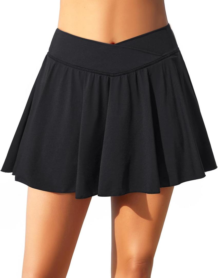 Zmart High Waisted Swim Skirt - Women V Cross Bathing Suit Pleated Skorts Bottom with Boxer Liner & Pockets (Medium, Black)
