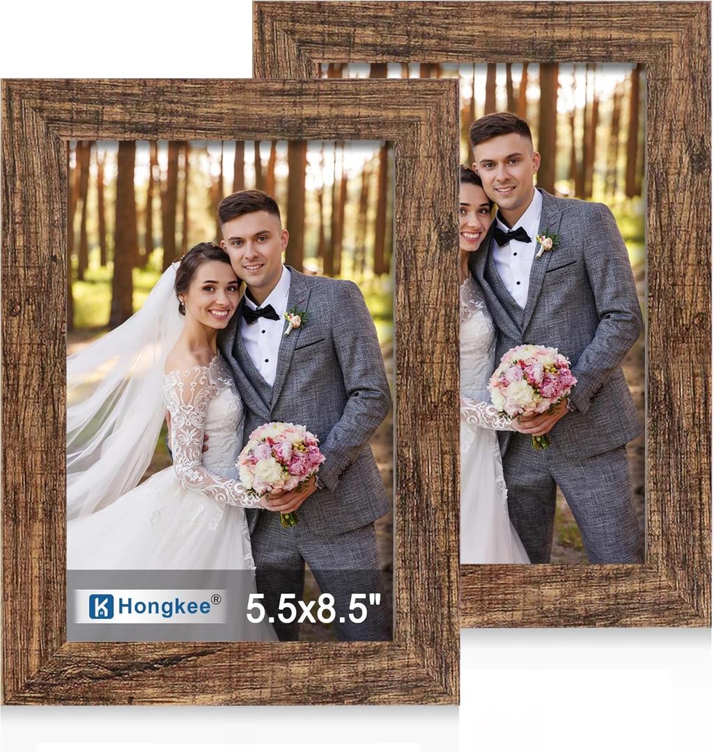 Hongkee 5.5 x 8.5 Diploma Frame Set of 2, Made of Real Glass and Rustic Brown Wooden Frame - 5.5 by 8.5 Photo for Wall or Tabletop