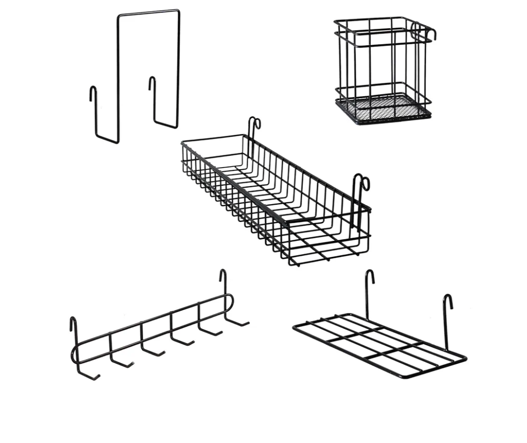 Metal Mesh Wall Grid Panel Hanging Basket,Display Shelf,Pen Holder,Hooks Rack,Bookshelf,Decorative Desk Storage Organizer for Office,Study,Set of 5 (Black)
