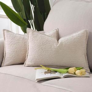 MADIZZ Pack of 2 Chenille Velvet Throw Pillow Covers 12x20 Inch Light Beige Soft Neutral Decorative Throw Pillows Accent Boho Cushion Covers for Couch Sofa Modern Farmhouse Home Decor