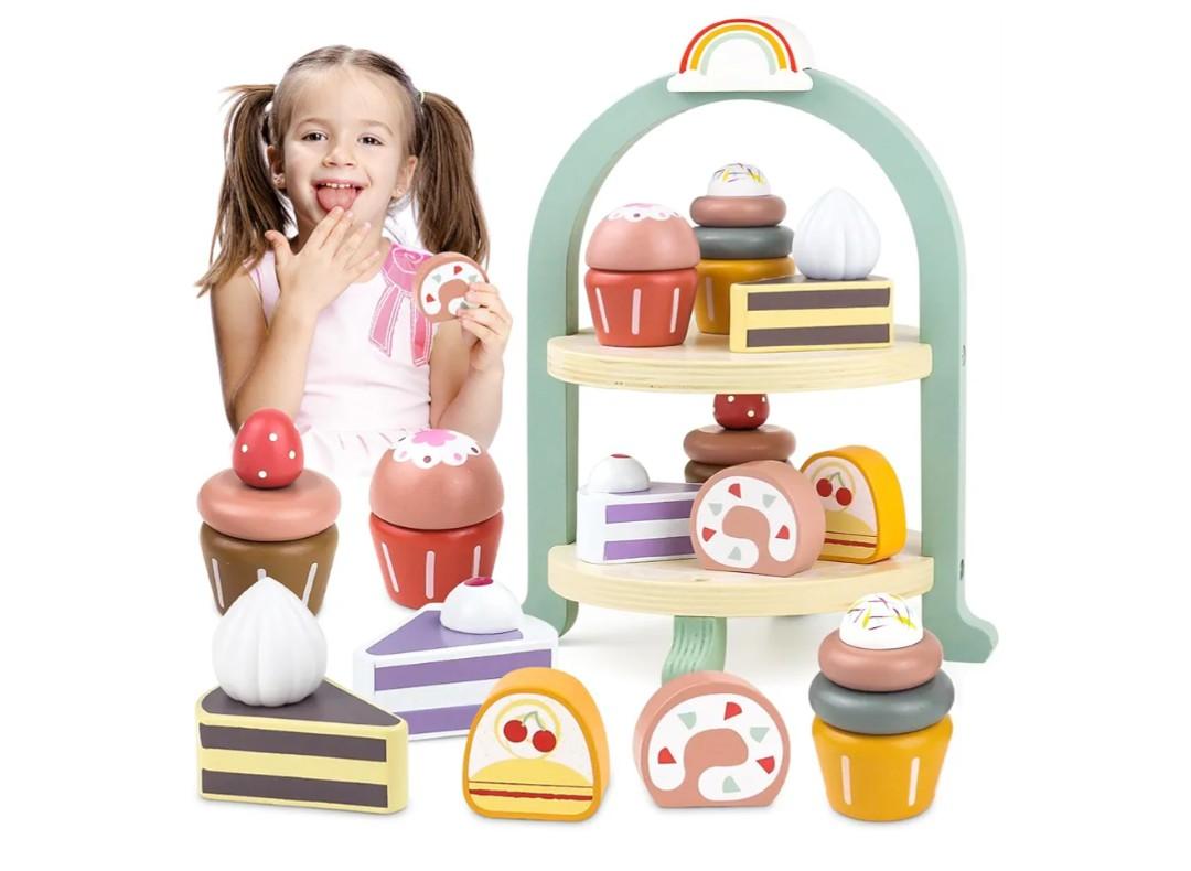 Wooden Cake Toys Tea Party Set, Desserts Food Toy with Cupcake Stand, Kids Pretend Play Kitchen Accessories, Wooden Play Food Set Toy Baking Gift for 3 4 5 Years Old Girls Boys