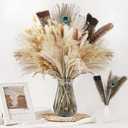 Bpole 2-in-1 Pampas Grass Decor - 100pcs Dried Pampas Grass with Natural Feathers Boho Flowers Arrangement for Vase,Home Wedding Party Centerpiece and Rustic Farmhouse Decor