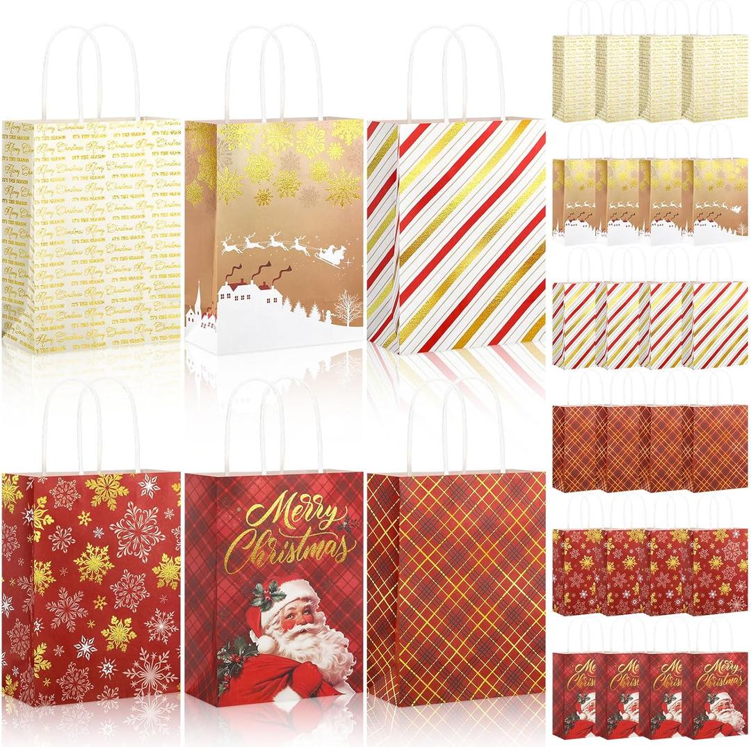 24 Pcs Christmas Gold Foil Gift Bags with Handles, 6 Assorted Xmas Designs, 8.3 x 6 x 3.5'' Holiday Kraft Paper Red and Gold Gift Bags for Christmas New Year Winter Party Favor, Goody Treat Wrapping