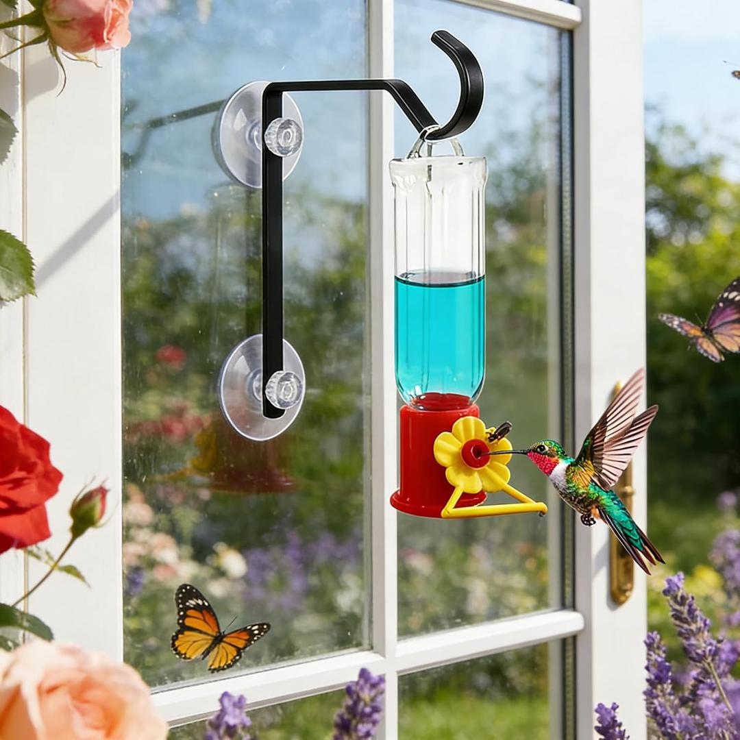 2 Pack Window Hummingbird Feeder with Hooks, 2 Mini 2.2oz Transparent Plastic Flower Feeders, Heavy-Duty Metal Suction Cup Hangers, Dual Installation for Window, Glass & Wall