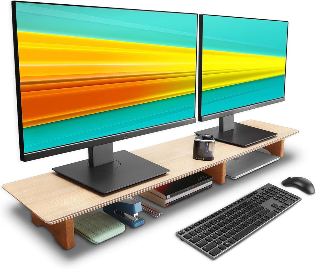 Aothia Large Dual Monitor Stand Riser, Solid Wood Desk Shelf with Eco Cork Legs for Laptop Computer/TV/PC/Printers, Perfect Desktop Stands Organizer with Underneath Storage for Office Accessories