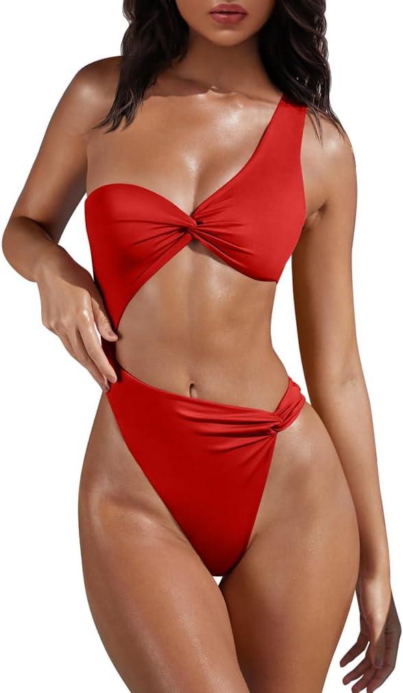 XXTAXN Women's Sexy Thong Cutout Monokinis Tie Beach One Piece Swimsuit Bathing Suit (Red, Small)