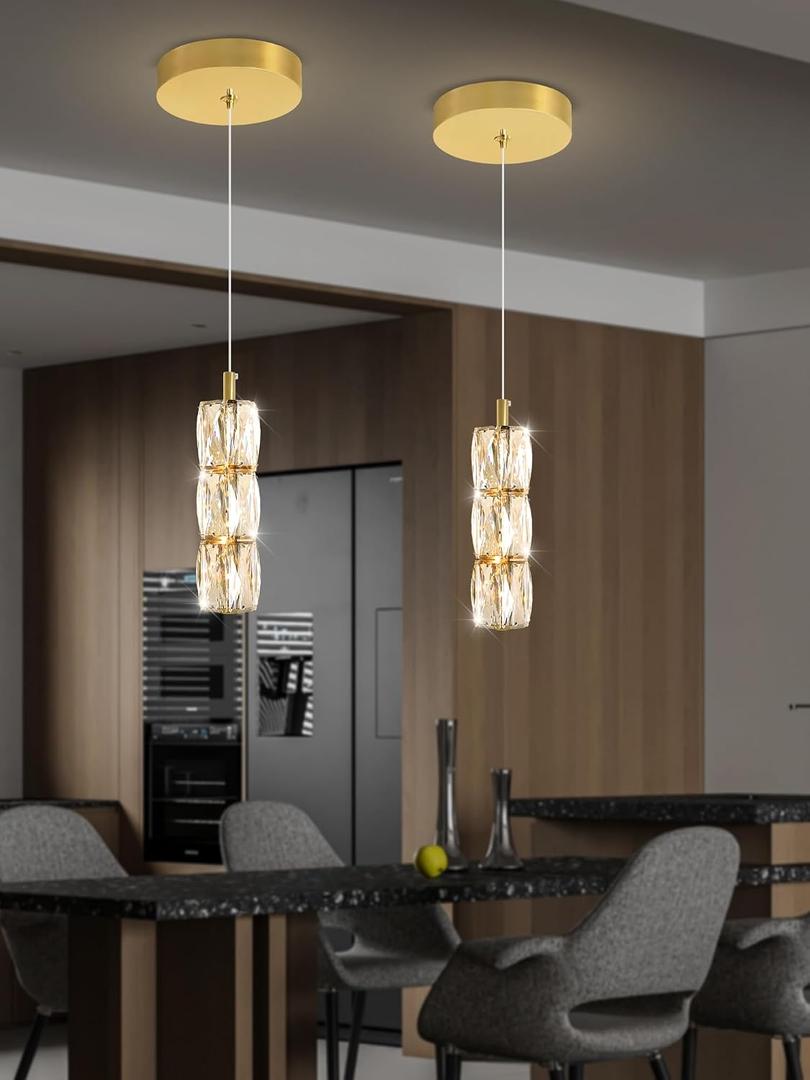 ykolupty Pendant Lights Kitchen Island Single Head Gold Crystal Island Lights Dining Foyer Entrance Modern Chandeliers LED Dimmable 2700-6000K