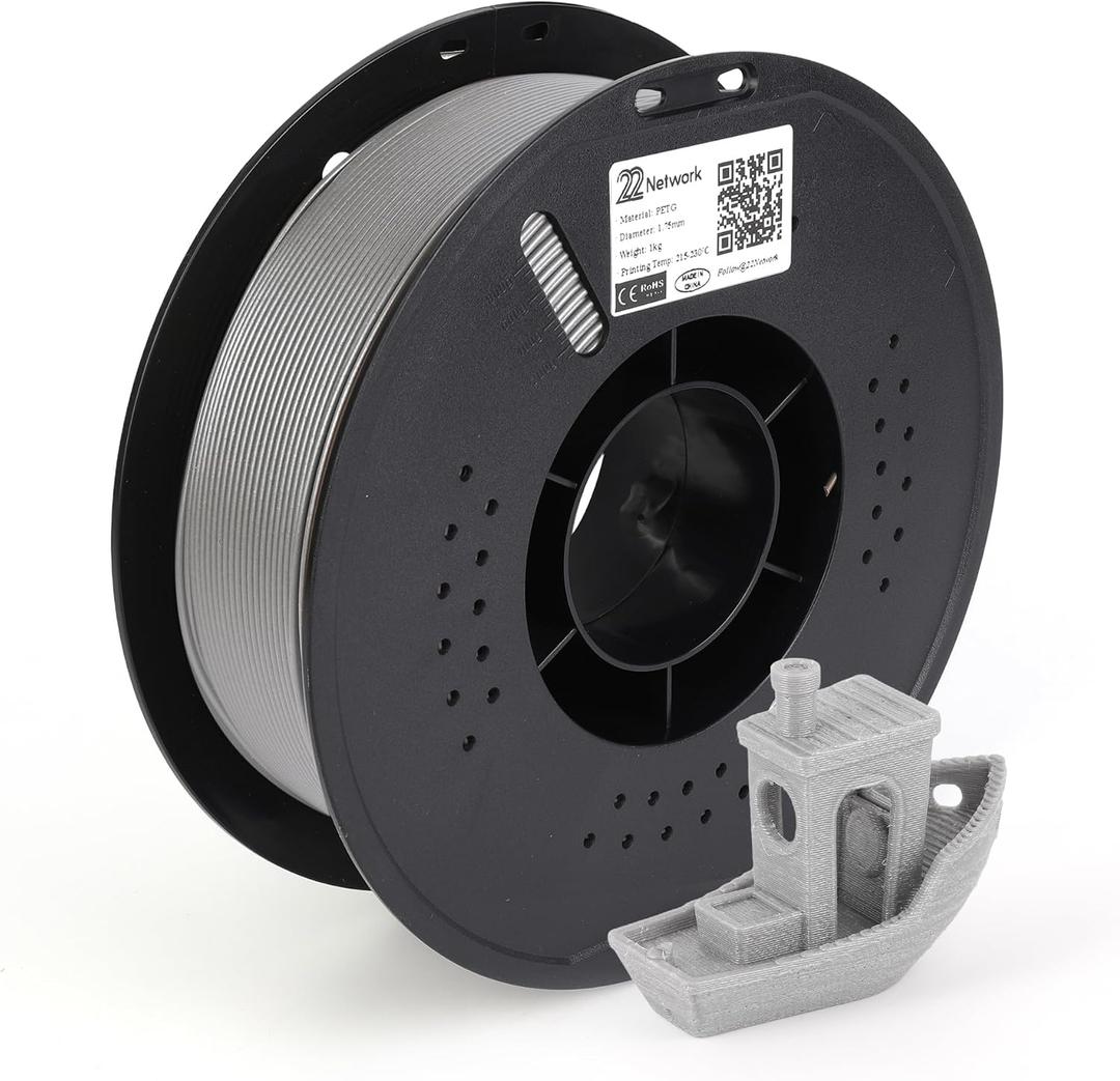 22 Network PETG Filament 1.75mm 1KG Spool (2.2lbs), High Toughness and Precision, Fit Most FDM Printers for Industrial Production and Household Accessories (Silver)