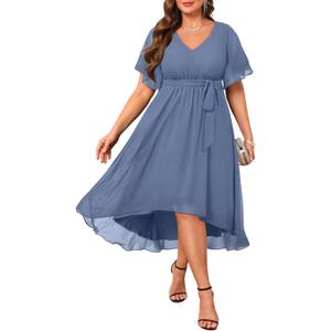 Plus Size Dresses Wedding Guest - Formal Cocktail Chiffon V Neck Short Sleeve High Low Dress Curvy Women (16 Plus, Dusty Blue)